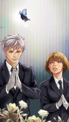Rule 34 | 1boy, 1girl, brown eyes, brown hair, bug, butterfly, formal, gloves, graveyard, insect, lips, looking up, nakama yasukata, necktie, nose, original, own hands clasped, own hands together, praying, reverse trap, short hair, silver hair, suit, white gloves