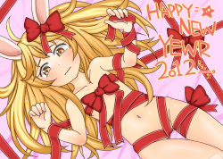 Rule 34 | 10s, 1girl, 2012, animal ears, blonde hair, rabbit ears, cannelle (sword girls), english text, engrish text, flat chest, lying, naked ribbon, navel, ranguage, ribbon, solo, sword girls, typo