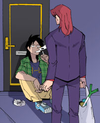 Rule 34 | 2boys, ashtray, bag, black eyes, black hair, black shirt, brown pants, cigarette, commentary request, door, feet out of frame, formal, full body, green shirt, holding, holding cigarette, ichijou seiya, inudori, jacket, kaiji, long hair, looking at another, male focus, medium bangs, multiple boys, open mouth, pants, plaid, plaid shirt, plastic bag, purple jacket, purple pants, red hair, shirt, sitting, smoking, spring onion, standing, suit, undershirt
