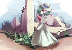 Rule 34 | 1girl, artist name, blue sky, bob cut, clothed pokemon, cloud, creatures (company), day, detached sleeves, dress, female focus, flat chest, flower, frilled dress, frills, full body, game freak, gardevoir, gen 3 pokemon, grass, green hair, hair over one eye, hat, hat flower, highres, looking at viewer, nintendo, one eye covered, outdoors, own hands together, pokemon, pokemon (creature), red eyes, rubble, see-through, short hair, signature, sky, solo, standing, sun hat, tsukkon, twitter username, v arms, white dress, white hat, yellow flower