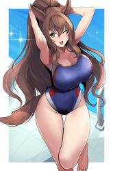 Rule 34 | 1girl, :d, animal ears, armpits, barefoot, black one-piece swimsuit, blue sky, border, breasts, brown hair, clash kuro neko, cleavage, cloud, cloudy sky, competition swimsuit, from above, green eyes, highleg, highres, horse ears, horse girl, horse tail, large breasts, long hair, maruzensky (umamusume), one-piece swimsuit, one eye closed, open mouth, outdoors, ponytail, presenting armpit, sky, smile, solo, swimsuit, tail, thighs, toes, umamusume, white border
