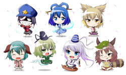 Rule 34 | 6+girls, animal ears, anklet, belt, blouse, blue dress, blue eyes, blue hair, blush, boat, bracelet, breasts, brown dress, brown eyes, brown hair, butterfly sitting, chibi, dog ears, dress, earmuffs, evil grin, evil smile, closed eyes, fang, flower, futatsuiwa mamizou, ghost, ghost tail, glasses, gourd, gradient hair, green dress, green eyes, green hair, grin, hagoromo, hair ornament, hair stick, hat, headphones, highres, japanese clothes, jewelry, jiangshi, kaku seiga, kasodani kyouko, leaf, leaf on head, looking back, miyako yoshika, mononobe no futo, multicolored hair, multiple girls, object on head, open mouth, outstretched arms, petals, pince-nez, pom pom (clothes), ponytail, puffy sleeves, raccoon ears, raccoon tail, ratte (intruder), ribbon, ritual baton, scowl, shaded face, sharp teeth, shawl, shirt, shouting, silver hair, sitting, skirt, sleeveless, smile, smirk, soga no tojiko, spirits, spread legs, star (symbol), sword, tail, talisman, tate eboshi, teeth, ten desires, touhou, toyosatomimi no miko, vest, watercraft, weapon, wide sleeves, wide stance, yellow eyes, zombie pose