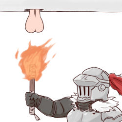 Rule 34 | 10s, 1boy, batta (ijigen debris), commentary request, covered face, fire, from below, gauntlets, goblin slayer, goblin slayer!, helmet, highres, holding, male focus, plume, simple background, solo focus, testicles, torch, white background