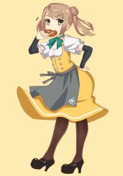 Rule 34 | 1girl, alternate costume, apron, arm warmers, blonde hair, brown hair, brown pantyhose, dirndl, dress, eating, food, full body, german clothes, kantai collection, looking at viewer, michishio (kancolle), oktoberfest, pantyhose, pretzel, short hair, short sleeves, short twintails, simple background, smile, solo, tun, twintails, underbust, waitress, yellow background, yellow eyes