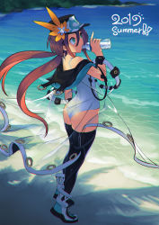 Rule 34 | 1girl, ainezu, ass, back, bare shoulders, beach, black thighhighs, bottle, brown hair, drinking, green eyes, hat, highres, jacket, long hair, one-piece swimsuit, original, outdoors, see-through, shoes, sneakers, solo, swimsuit, thighhighs, twintails, white one-piece swimsuit