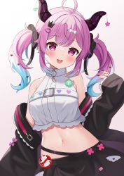 Rule 34 | 1girl, :d, absurdres, ahoge, armpit crease, bare shoulders, belt, black jacket, black nails, black skirt, blue hair, blush, bow, breasts, commentary, crop top, crop top overhang, crown hair ornament, demon horns, gradient hair, hair between eyes, hair bow, hair ornament, hairclip, hand up, head tilt, highres, horns, indie virtual youtuber, jacket, kurumi lm, large breasts, long hair, long sleeves, looking at viewer, midriff, miniskirt, multicolored hair, nail polish, navel, off shoulder, open clothes, open jacket, open mouth, piercing, pink eyes, pink hair, satou pote (vtuber), shirt, sidelocks, skirt, sleeveless, sleeveless shirt, sleeveless turtleneck, sleeves past wrists, smile, solo, standing, teeth, tongue piercing, turtleneck, twintails, upper teeth only, virtual youtuber, white belt, white shirt