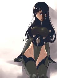 Rule 34 | 1girl, absurdres, alice gear aegis, black hair, blue eyes, boots, covered navel, expressionless, gloves, green footwear, green gloves, green leotard, highres, ishiyumi, kagome misaki, leotard, long hair, looking to the side, armored boots, mole, mole under eye, shadow, sitting, solo, thigh boots, thighhighs