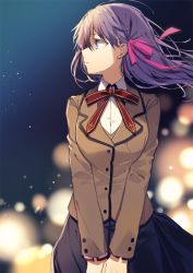 Rule 34 | 1girl, ahoge, backlighting, black skirt, blazer, blurry, blurry background, blush, breasts, brown jacket, fate/stay night, fate (series), hair ribbon, homurahara academy school uniform, jacket, long hair, long sleeves, looking away, looking to the side, matou sakura, medium breasts, neck ribbon, oshioshio, own hands together, parted lips, pink ribbon, purple hair, red ribbon, ribbon, school uniform, skirt, solo, tareme, upper body, v arms