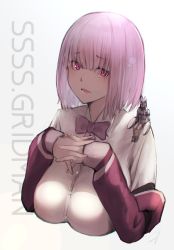 Rule 34 | 10s, 1girl, :d, blush, bob cut, bow, bowtie, breasts, collared shirt, commentary request, copyright name, cropped torso, fingernails, grey background, gridman universe, hayabusa, head tilt, highres, large breasts, long sleeves, looking at viewer, nail polish, off shoulder, open mouth, own hands together, pink bow, pink bowtie, pink eyes, pink hair, pink nails, robot, shinjou akane, shirt, short hair, simple background, smile, solo, ssss.gridman, upper body, white shirt, wing collar