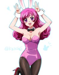 Rule 34 | 1girl, absurdres, alternate costume, animal ears, bare shoulders, black pantyhose, blush, breasts, cleavage, covered navel, cowboy shot, detached collar, fake animal ears, highres, kagami chihiro, kibou no chikara ~otona precure &#039;23~, leotard, long hair, looking at viewer, medium breasts, open mouth, pantyhose, pink eyes, pink hair, pink leotard, playboy bunny, precure, rabbit ears, signature, smile, solo, standing, standing on one leg, strapless, twitter username, white background, wrist cuffs, yes! precure 5, yumehara nozomi