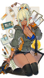 Rule 34 | 1girl, bag, black thighhighs, blonde hair, blue bra, blue eyes, bottle, bra, bracelet, breasts, cellphone, cleavage, commission, dark-skinned female, dark elf, dark skin, dolphin shorts, earrings, elf, flower, game console, grey jacket, hair bun, hair ornament, hand mirror, handbag, handkerchief, highres, jacket, jewelry, kemomin nosuke, lipstick, looking at viewer, makeup, medium breasts, mirror, nail polish, notebook, original, phone, pointy ears, shoes, shorts, skeb commission, snack, sneakers, solo, sunflower, sunglasses, thighhighs, tongue, tongue out, underwear