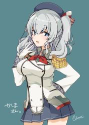 Rule 34 | 10s, 1girl, bad id, bad pixiv id, blue eyes, breasts, chrono (himadon), epaulettes, female focus, hat, highres, kantai collection, kashima (kancolle), large breasts, long hair, looking at viewer, military, military uniform, miniskirt, silver hair, skirt, solo, twintails, uniform, wavy hair