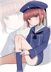Rule 34 | 1girl, absurdres, blue dress, blue hat, blue sailor collar, blue socks, brown eyes, brown hair, clothes writing, commentary request, dress, hat, highres, kantai collection, looking at viewer, one-hour drawing challenge, sailor collar, sailor dress, sailor hat, short hair, simple background, sitting, socks, solo, toriniku senshi chikinman, white background, z3 max schultz (kancolle), zoom layer