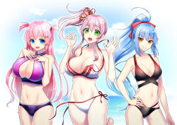 Rule 34 | 3girls, absurdres, ahoge, battle maiden navi, beach, bikini, black bikini, blue eyes, bow, breasts, character request, cleavage, cloud, cloudy sky, commentary request, commission, green eyes, hair bow, hair ornament, hairpin, hand on own hip, hands on own chest, hands up, highres, large breasts, long hair, lord of walkure, multiple girls, navel, ocean, open mouth, partial commentary, pink bow, pink hair, pixiv commission, ponytail, purple bikini, raito (latek), red trim, short twintails, side-tie bikini bottom, side ponytail, sidelocks, sky, swimsuit, teeth, tongue, twintails, upper teeth only, wardrobe malfunction, white bikini, yellow eyes
