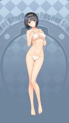 Rule 34 | 1girl, :d, absurdres, bare legs, barefoot, bikini, black eyes, black hair, blue background, bob cut, breast suppress, breasts, bug, butterfly, cleavage, copyright name, frown, full body, gluteal fold, gradient background, hairband, halterneck, hands on own chest, head tilt, highres, insect, leaning to the side, legs together, looking at viewer, medium breasts, navel, open mouth, parted bangs, short hair, skindentation, smile, solo, standing, string bikini, swimsuit, tony taka, white bikini