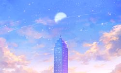 Rule 34 | 1girl, artist name, building, cloud, mint5464, moon, original, outdoors, scenery, signature, sky, skyscraper, solo, star (sky), starry sky