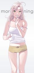 Rule 34 | 1girl, absurdres, alternate costume, beige shorts, camisole, casual, cowboy shot, glass, grey background, grey hair, highres, kantai collection, kinugasa (kancolle), kinugasa kai ni (kancolle), long hair, looking at viewer, medium hair, ojipon, one side up, parted lips, short shorts, short twintails, shorts, simple background, solo, standing, strap slip, text background, toothbrush, toothbrush in mouth, twintails