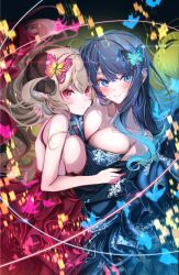 Rule 34 | 2girls, asymmetrical docking, bare shoulders, blonde hair, blue eyes, blue hair, blush, breast press, breasts, bug, butterfly, butterfly hair ornament, cleavage, closed mouth, dark blue hair, double-parted bangs, dress, gloves, hair ornament, highres, horns, insect, komupi, large breasts, long dress, long hair, looking at viewer, multiple girls, natsumi (komupi), noa (komupi), original, red eyes, sideboob, smile, snowflake print, strapless, strapless dress, swept bangs