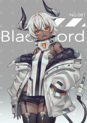 Rule 34 | 1girl, :o, android, audio jack, bare shoulders, black shorts, black thighhighs, blush, breasts, character name, coat, collar, commentary request, cowboy shot, curled horns, dark-skinned female, dark skin, fang, garter straps, gradient background, grey background, grey hair, hair between eyes, hand in pocket, head tilt, highres, horns, jacket, joints, legs together, long sleeves, looking at viewer, mechanical horns, mechanical tail, off-shoulder jacket, off shoulder, open clothes, open jacket, orange eyes, original, robot joints, shirt, short hair, short shorts, shorts, sidelocks, skin fang, sleeves past wrists, small breasts, solo, standing, suzaku (zaku6584), tabard, tail, thighhighs, white coat, white jacket, white shirt