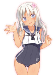 Rule 34 | 10s, 1girl, blue eyes, blush, dark-skinned female, dark skin, highres, kantai collection, long hair, looking at viewer, one-piece swimsuit, open mouth, racer (magnet), ro-500 (kancolle), sailor collar, silver hair, simple background, sleeveless, solo, swimsuit, swimsuit under clothes, thigh gap, waving