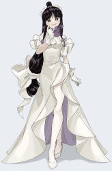 Rule 34 | 1girl, ace attorney, alternate costume, black hair, blunt bangs, blush, bow, closed mouth, dress, front slit, full body, gloves, grey background, hair bow, high heels, highres, long dress, long hair, looking at viewer, maya fey, omen hohoho, parted bangs, sidelocks, simple background, smile, solo, standing, thighhighs, very long hair, white dress, white gloves