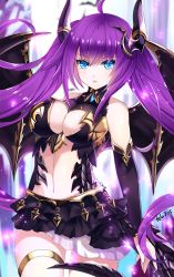Rule 34 | 1girl, 2015, bad id, bad pixiv id, blue eyes, breasts, cleavage, dated, demon wings, eyebrows, felicia-val, frilled skirt, frills, horns, large breasts, long hair, looking at viewer, navel, original, purple hair, signature, skirt, solo, wings