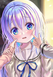 Rule 34 | 2022, 3girls, arm grab, blue eyes, blue hair, blue ribbon, blush, cheek poking, cheek squash, commentary request, dated, eyelashes, female pov, frown, gochuumon wa usagi desu ka?, grabbing another&#039;s arm, grey sweater, hair between eyes, hands up, highres, hoto cocoa, kafuu chino, long hair, long sleeves, looking at viewer, multiple girls, open mouth, poking, pov, pov hands, ribbon, rouge (my rouge), sailor collar, school uniform, serafuku, shy, sidelighting, sidelocks, signature, sleeves past wrists, sweater, tareme, tedeza rize, twitter username, upper body, wavy mouth, white sailor collar