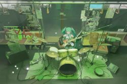 Rule 34 | 1girl, :d, absurdly long hair, absurdres, bare shoulders, black skirt, book, book stack, cable, cassette tape, collared shirt, cymbals, detached sleeves, drum, drum set, electric guitar, from above, green eyes, green hair, green necktie, green theme, guitar, hand grip, hatsune miku, headset, highres, instrument, light particles, long hair, looking at viewer, microphone, microphone stand, miniskirt, monitor, music, muzimu, necktie, open mouth, playing instrument, pleated skirt, poster (object), seat, shirt, singing, skirt, smile, solo, speaker, standing, stuffed animal, stuffed toy, teddy bear, train interior, twintails, untucked shirt, very long hair, vocaloid, wide shot, window