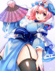 Rule 34 | 1girl, adapted costume, alternate eye color, animal print, arm behind back, aura, black thighhighs, blue hat, blue kimono, blush, breasts, butterfly print, commentary request, cowboy shot, folding fan, garter straps, gradient eyes, hand fan, hand up, hat, heart, heart print, japanese clothes, kimono, long sleeves, looking at viewer, medium breasts, mob cap, multicolored eyes, nagare, obi, open mouth, pelvic curtain, pink eyes, pink hair, purple eyes, ribbon-trimmed sleeves, ribbon trim, saigyouji yuyuko, sash, short hair, sketch, smile, solo, thick thighs, thighhighs, thighs, touhou, triangular headpiece, veil, wide hips, wide sleeves