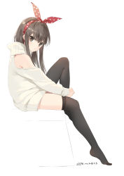 Rule 34 | 1girl, artist name, black thighhighs, brown eyes, brown hair, dated, dress, from side, full body, hair ribbon, highres, leg up, long hair, long sleeves, looking at viewer, mvv, original, polka dot, ribbon, simple background, solo, sweater, sweater dress, thighhighs, turtleneck, turtleneck sweater, white background
