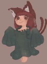 Rule 34 | 1girl, alternate hairstyle, amome, animal ears, cat ears, cat tail, cropped legs, dress, floppy sleeves, green dress, hair down, highres, kaenbyou rin, long sleeves, nekomata, simple background, sleeves past fingers, sleeves past wrists, solo, tail, touhou