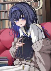 Rule 34 | 1girl, absurdres, blue archive, blush, book, book stack, bookshelf, cardigan, hairband, halo, highres, jewelry, long hair, looking at viewer, necklace, off shoulder, parted lips, purple eyes, purple hair, san (harutuki 3), school uniform, serafuku, solo, ui (blue archive)