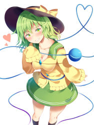 Rule 34 | 1girl, black hat, black socks, blush, bow, breasts, cleavage, commentary request, green skirt, hat, hat bow, heart, highres, kneehighs, komeiji koishi, looking at viewer, medium breasts, nagomian, simple background, skirt, sleeves past wrists, smile, socks, solo, standing, third eye, touhou, white background, yellow bow