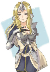 Rule 34 | 1girl, armor, blonde hair, breasts, brown eyes, cleavage, fire emblem, fire emblem echoes: shadows of valentia, gloves, highres, jewelry, large breasts, light smile, looking at viewer, mathilda (fire emblem), medium breasts, necklace, nintendo, solo, tea6043, upper body