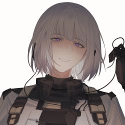 Rule 34 | 1girl, 7nite, artist name, black gloves, cable, girls&#039; frontline, gloves, grin, hair ornament, hairpin, highres, looking at viewer, open mouth, parted lips, purple eyes, rpk-16 (girls&#039; frontline), short hair, simple background, smile, solo, tactical clothes, upper body, white background, white hair, wire