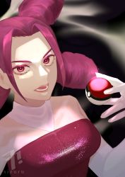 Rule 34 | 1girl, absurdres, artist name, bare shoulders, breasts, commentary request, creatures (company), dress, elbow gloves, eyelashes, fantina (pokemon), game freak, gloves, hand up, highres, holding, holding poke ball, long hair, lower teeth only, nintendo, open mouth, poke ball, poke ball (basic), pokemon, pokemon dppt, purple dress, purple hair, quad tails, red eyes, sizuru (garasuame0206), solo, teeth, tongue, upper body, watermark, white gloves