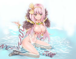 Rule 34 | 1girl, arima natsubon, bandeau, bow, breasts, cleavage, detached sleeves, feathers, female focus, green eyes, hair bow, hairband, high heels, large breasts, long hair, no panties, partially submerged, pink hair, ragnarok online, sandals, shoes, sitting, smile, solo, wizard, sorcerer (ragnarok online), strapless, tube top, wariza, water, wet
