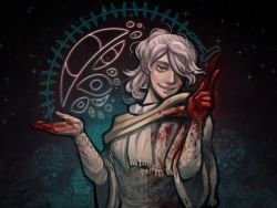 Rule 34 | 1girl, blonde hair, blood, blood on face, blood splatter, bloodborne, blood on clothes, bloody weapon, cane, capelet, cloak, dress, gloves, green eyes, highres, holding, iosefka, long hair, looking at viewer, ponytail, robe, scalpel, sky, smile, solo, star (sky), starry sky, symbol, valdotpng, weapon, white dress