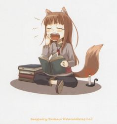 Rule 34 | 00s, 1girl, animal ears, ayakura juu, book, holo, novel illustration, official art, solo, spice and wolf, tail, wolf ears, wolf tail, yawning
