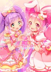 Rule 34 | 10s, 2girls, :d, blush, bow, cake hair ornament, choker, crossover, cure whip, dress, earrings, epaulettes, food-themed hair ornament, gloves, green eyes, hair bow, hair ornament, hairband, holding hands, heart, heart hands, heart hands duo, highres, kirakira precure a la mode, layered skirt, long hair, looking at viewer, magical girl, manaka laala, multiple girls, open mouth, piano (mymel0v), pink bow, pink choker, pink hair, pom pom (clothes), pom pom earrings, precure, pretty series, pripara, purple hair, red eyes, red hairband, skirt, smile, symmetry, twintails, usami ichika, white dress, white gloves, wrist cuffs
