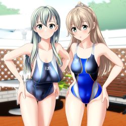 Rule 34 | 2girls, absurdres, beach umbrella, blue one-piece swimsuit, breasts, clothes writing, competition swimsuit, cowboy shot, fence, green eyes, grey one-piece swimsuit, hair ornament, hairclip, hands on own hips, highres, kantai collection, kumano (kancolle), large breasts, leaning forward, long hair, looking at viewer, multicolored clothes, multicolored swimsuit, multiple girls, one-piece swimsuit, silver hair, suzuya (kancolle), swimsuit, table, takafumi, umbrella