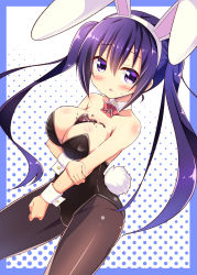 Rule 34 | 1girl, animal ears, between breasts, black pantyhose, blush, bow, bowtie, breasts, brown pantyhose, candy, chocolate, chocolate heart, chocolate on body, chocolate on breasts, cleavage, costume, cowboy shot, detached collar, fake animal ears, female focus, food, food on body, gochuumon wa usagi desu ka?, hair between eyes, halftone, heart, heart on chest, kurou (quadruple zero), large breasts, leotard, long hair, outside border, pantyhose, playboy bunny, purple eyes, purple hair, rabbit ears, rabbit tail, red bow, red bowtie, solo, spotted, tail, tedeza rize, twintails, very long hair, wrist cuffs