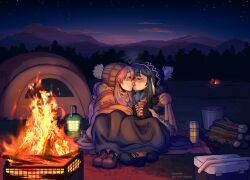 2girls beanie blanket blue_hair blush boots campfire closed_eyes closed_mouth commentary cup english_commentary fingerless_gloves firewood forest gloves hat highres holding holding_cup jacket kaereth kagamihara_nadeshiko kiss lantern long_hair mittens mountainous_horizon multiple_girls nature night night_sky one-armed_hug outdoors pink_hair pom_pom_(clothes) pom_pom_beanie scarf shawl shima_rin sidelocks sitting sky tent thermos twilight water_cooler yuri yurucamp