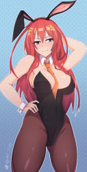 Rule 34 | 1girl, ahoge, alternate costume, animal ears, arm behind head, bare shoulders, black leotard, blue background, blue eyes, blush, bow, bowtie, breasts, brown pantyhose, covered erect nipples, covered navel, crotch seam, detached collar, fake animal ears, go-toubun no hanayome, hair between eyes, hair ornament, hand on own hip, highres, large breasts, leotard, long hair, myumi, nakano itsuki, necktie, nose blush, orange neckwear, pantyhose, playboy bunny, pout, rabbit ears, red hair, solo, star (symbol), star hair ornament, strapless, strapless leotard, twitter username, very long hair, wrist cuffs