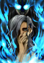 Rule 34 | 10s, 123hfm, 2boys, androgynous, blue eyes, blue fire, cape, covering face, covering own mouth, covering privates, dual persona, fire, glowing, glowing eyes, grey hair, hair ornament, hairclip, long hair, lunatic (tiger &amp; bunny), male focus, mask, multiple boys, nude, nude cover, pale skin, superhero costume, tiger &amp; bunny, yuri petrov