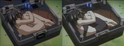 Rule 34 | 1990s (style), 1girl, barefoot, black hair, box, breasts, comparison, feet, female focus, in box, in container, melfina, nude, outlaw star, screencap, sideboob, tagme