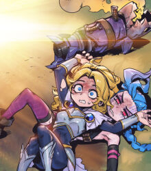 Rule 34 | 2girls, armpits, bare shoulders, black bodysuit, blonde hair, blue eyes, blush, bodysuit, boobplate, braid, breastplate, breasts, bruise, dirty, dirty face, frown, gem, green hair, hairband, holding, holding weapon, injury, jinx (league of legends), knees up, league of legends, long hair, long sleeves, lux (league of legends), lying, lying on person, medium breasts, medium hair, multiple girls, on stomach, parted bangs, phantom ix row, pink eyes, pink thighhighs, rocket launcher, sand, shiny clothes, shoes, single thighhigh, smoke, surprised, sweatdrop, teeth, thighhighs, torn bodysuit, torn clothes, weapon