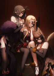 3girls, ahoge, animal ears, bare shoulders, black dress, black gloves, black legwear, blonde hair, braid, breasts, brown hair, brown legwear, cleavage, closed mouth, criss-cross halter, dress, elbow gloves, eye mask, feather boa, fumi (nijisanji), genyaky, gloves, hair over shoulder, half mask, halter dress, halterneck, hand up, heart, highres, jewelry, large breasts, long hair, looking at viewer, luis cammy, masquerade mask, mole, mole under mouth, multiple girls, necklace, nijisanji, parted lips, shirayuki tomoe, signature, single braid, single thighhigh, sitting, smile, standing, tail, thighhighs