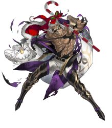 Rule 34 | 1boy, abs, bird, bruno (winter) (fire emblem), cameo, candy, candy cane, clenched teeth, dark-skinned male, dark skin, feh (fire emblem heroes), fire emblem, fire emblem heroes, food, gloves, gold, gold trim, grey hair, hat, highres, holding, holding candy, holding candy cane, holding food, holding sack, muscular, muscular male, nintendo, non-web source, official alternate costume, official art, owl, purple gloves, sack, santa costume, santa hat, solo, teeth, topless male, torn clothes