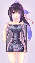 Rule 34 | 1girl, absurdres, android, blush, breasts, commission, completely nude, happy, highres, holding, karasuba (prima doll), long hair, looking at viewer, machine, mechanical parts, medium breasts, metal, multicolored hair, nude, open mouth, pixiv commission, prima doll (anime), purple eyes, rasen manga, ribbon, robot girl, screen, simple background, skeleton, smile, solo, x-ray